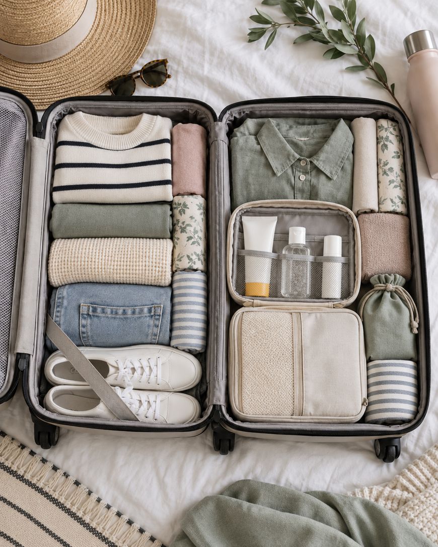 Open suitcase on a bed, neatly packed with folded clothes, sneakers, striped shirt, jeans, toiletries, water bottle, and accessories. Hat, sunglasses, and a sprig of leaves are placed beside the suitcase.