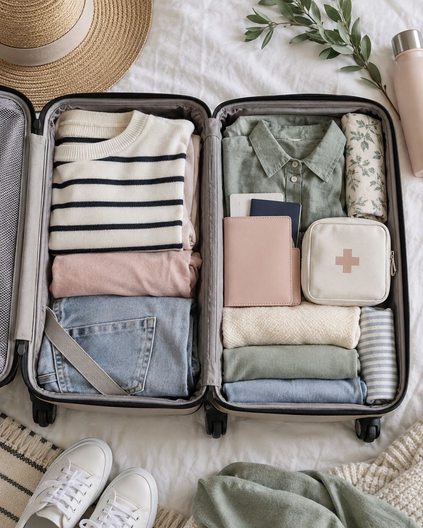 Open suitcase with neatly folded clothes, passport, small first aid kit, and a water bottle. Nearby are a straw hat, olive branch, white sneakers, a striped straw bag, and a green sweater on a white bedspread.