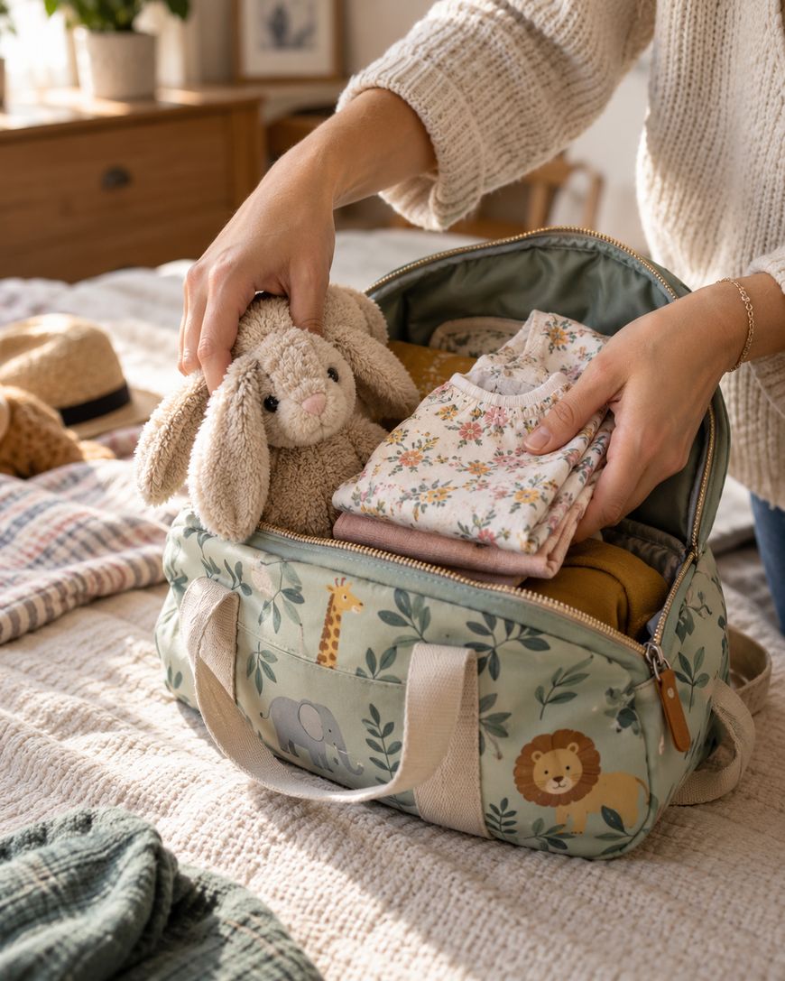 A person packs a floral baby outfit and plush bunny into a green bag decorated with animal designs, on a bed with clothes and hats in the background.
