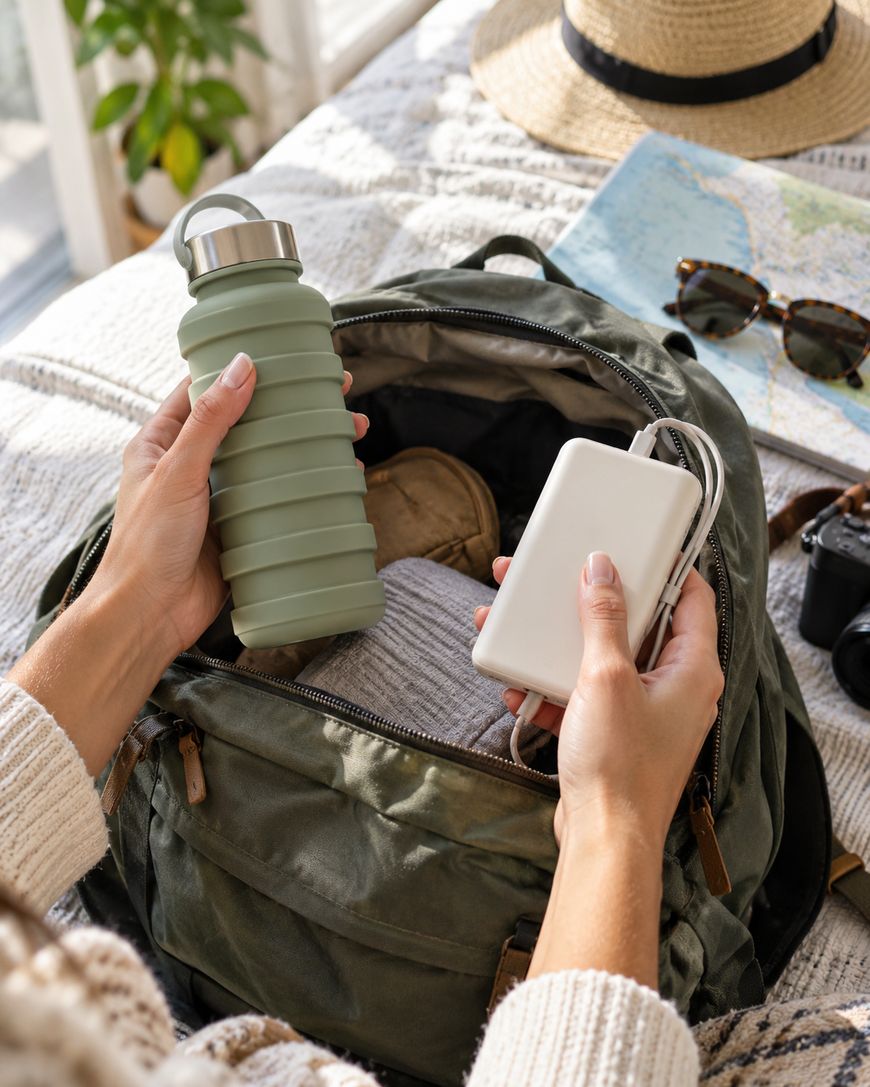 A person packs a green water bottle and a white power bank into an open green backpack. Nearby are sunglasses, a map, a hat, and <strong>a camera</strong>, suggesting preparations for travel or an outdoor adventure.” class=”wp-image-67434″/></figure>
<p>Bring a camera if you prefer one over your phone for photos, along with <strong>any extra memory cards or batteries</strong> it needs. <strong>Noise-canceling headphones</strong> for flights or car rides, <strong>a car charger</strong>, and <strong>any streaming downloads</strong> loaded ahead of time for travel days round out this category.</p>
<h2>Why a Sorted Packing List Actually Helps</h2>
<p>Packing by category instead of by day keeps you from forgetting an entire type of item, like toiletries or medications, just because you were focused on outfits. It also makes repacking at the end of the trip faster, since everything already has a “home” category to go back into.</p>
<figure class=