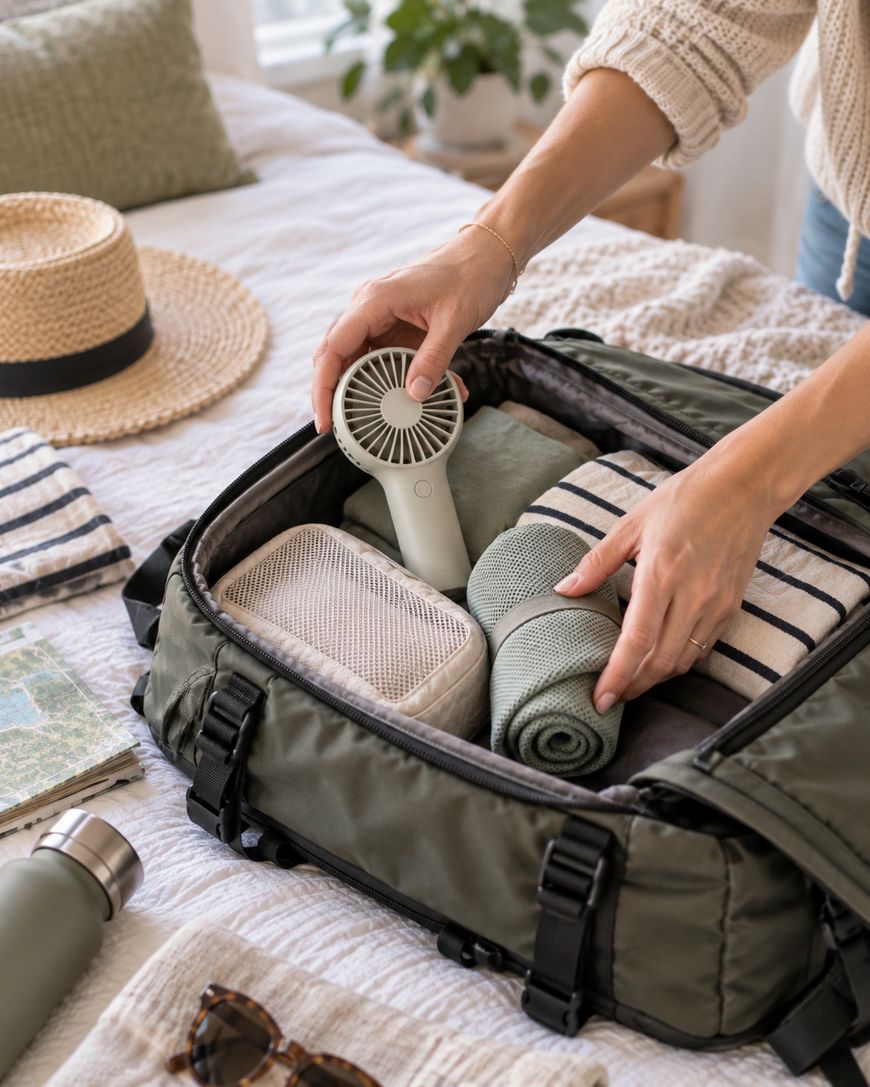 A person packs a small electric fan into a green suitcase on a bed, surrounded by neatly folded clothes, a water bottle, a hat, sunglasses, and a striped towel.