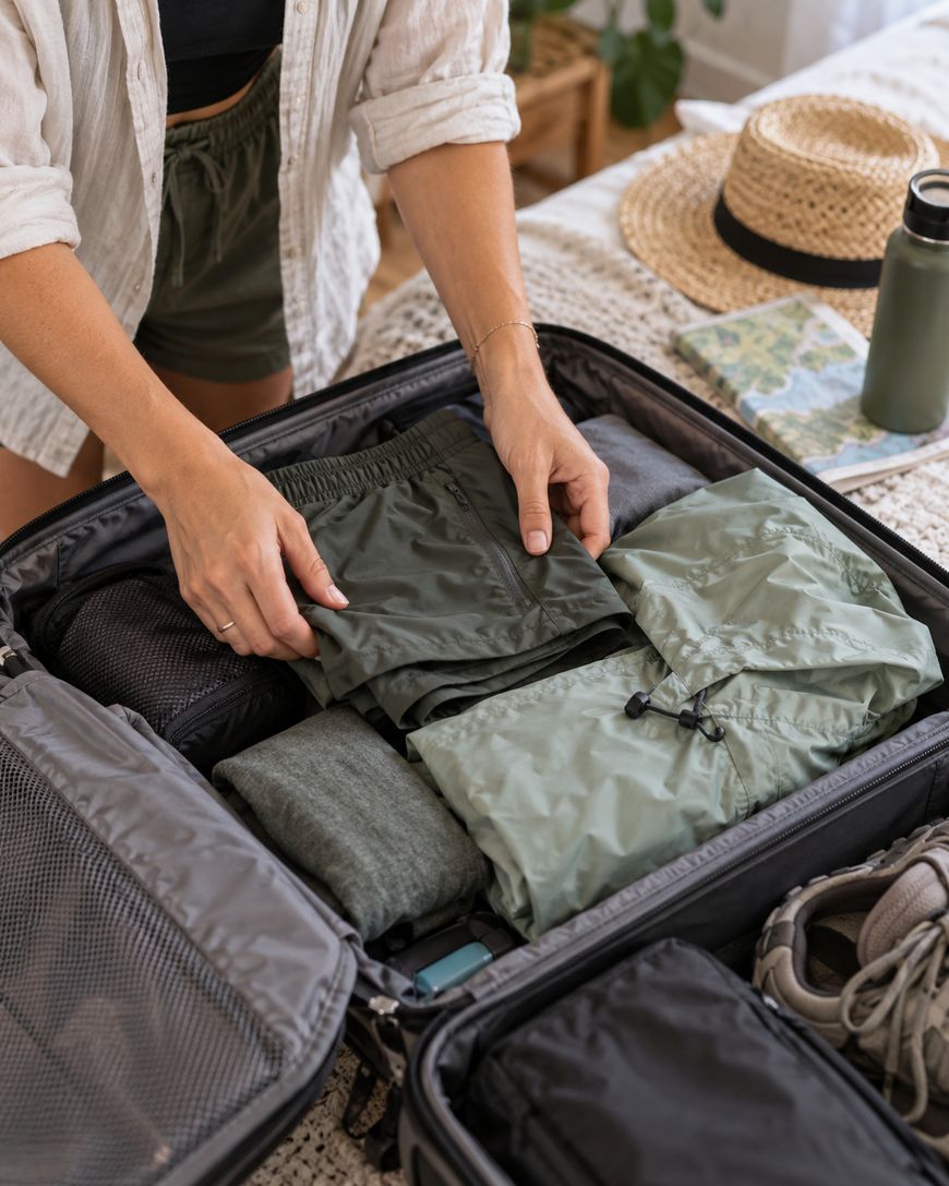 A person packs folded clothes into an open suitcase on a bed. Nearby are a straw hat, a water bottle, and a map. The scene suggests preparation for travel.