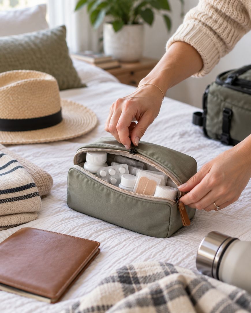 A person packs a green toiletry bag with travel essentials on a bed, surrounded by a hat, blanket, thermos, and brown notebook.