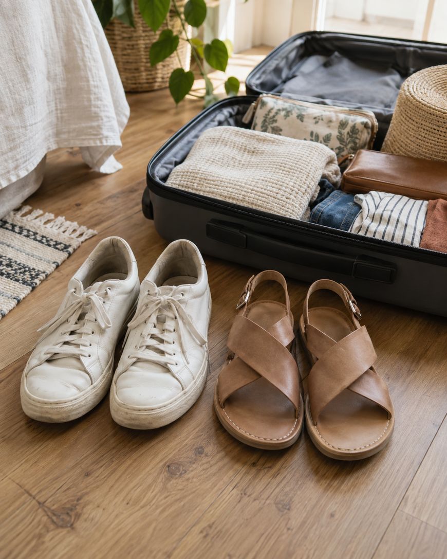 An open suitcase filled with folded clothes, a hat, and a wallet sits on the floor. Next to it are a pair of white sneakers and tan sandals on a wooden floor.