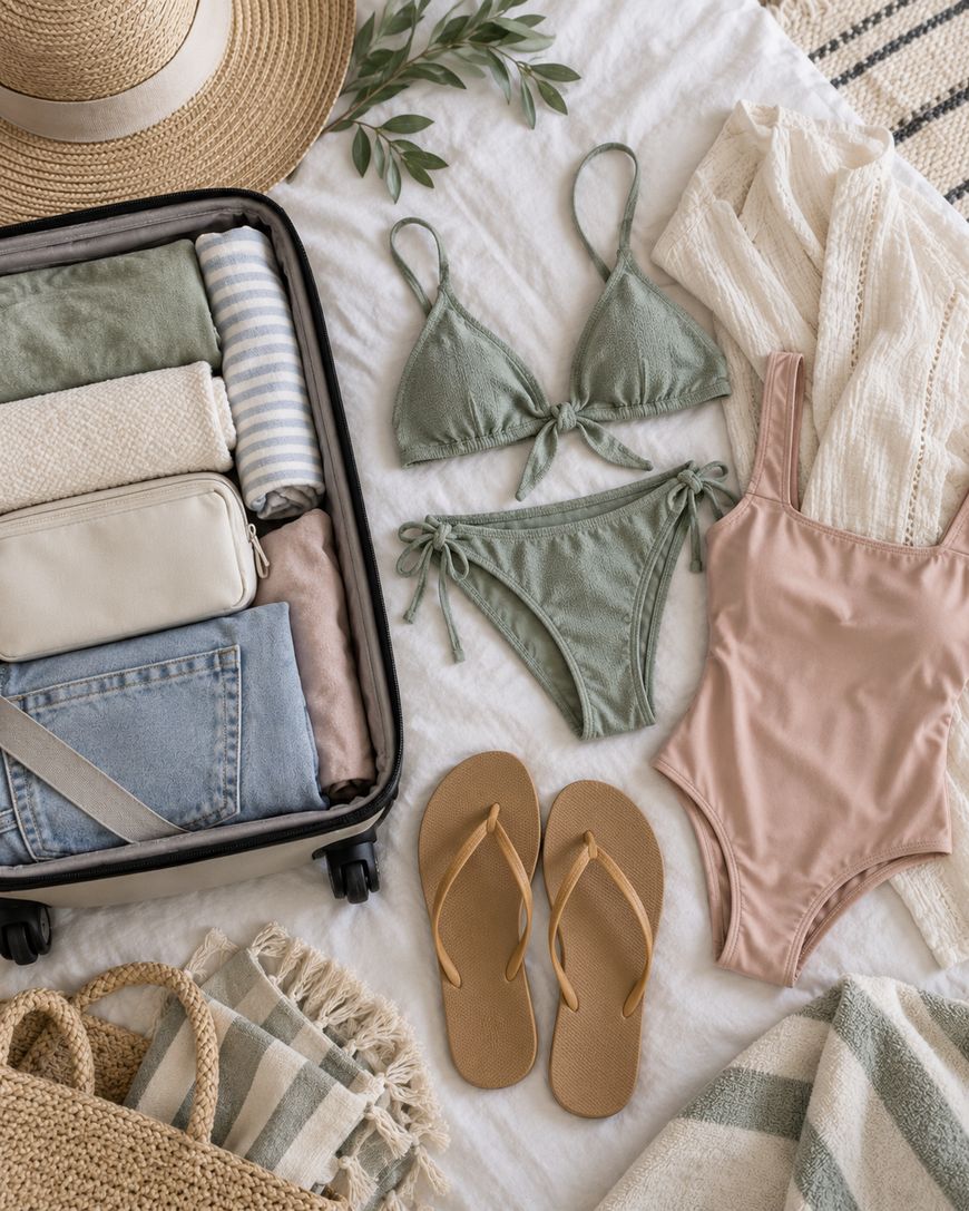 Flat lay of travel essentials: open suitcase with folded clothes, green bikini, pink one-piece swimsuit, tan flip-flops, straw hat, striped bag, light sweater, and leafy branch on a white bedspread.