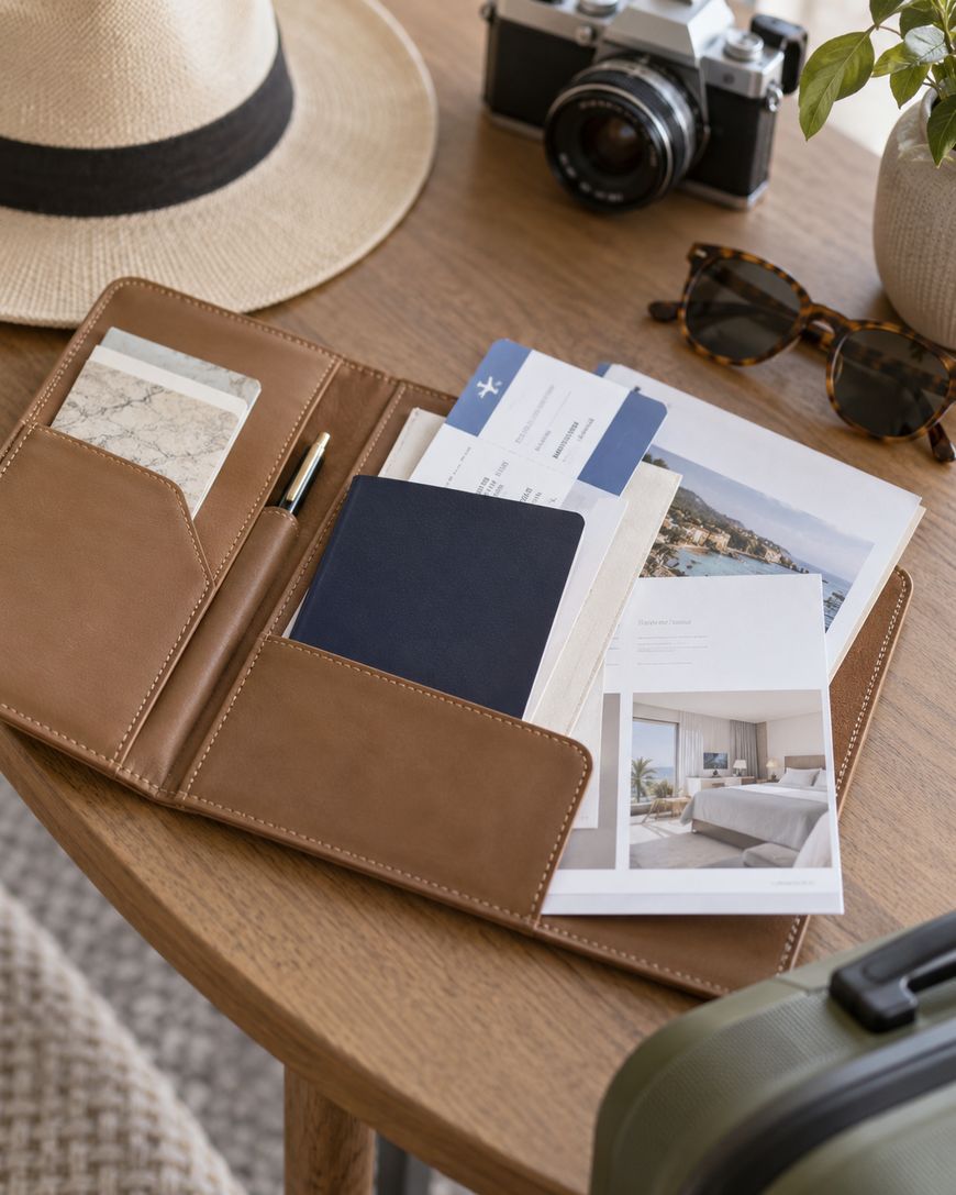 A travel wallet with documents, cards, and a passport sits on a table beside a hat, camera, sunglasses, and a potted plant.