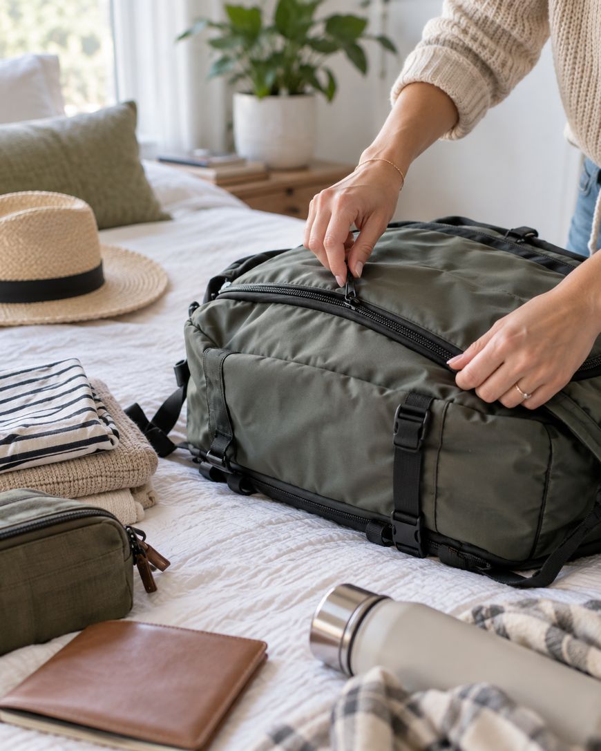 Person zipping up a green duffel bag on a bed, surrounded by a hat, folded clothes, a notebook, a water bottle, and a pouch. Houseplants and pillows are seen in the background.