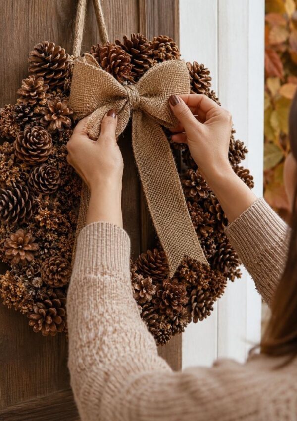 A person hangs a pinecone wreath with a burlap bow on a wooden door, wearing a beige knit sweater. Autumn leaves are visible outside.