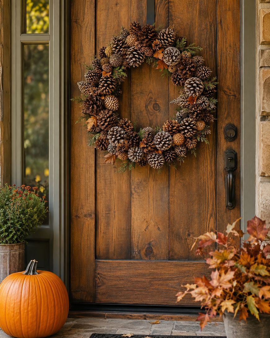 A wooden front door decorated with a pinecone wreath, next to a pumpkin and autumn leaves.
