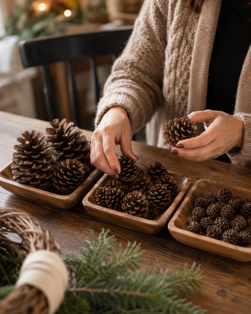 A person in a cozy sweater arranges pinecones of varying sizes into three wooden trays on a wooden table.