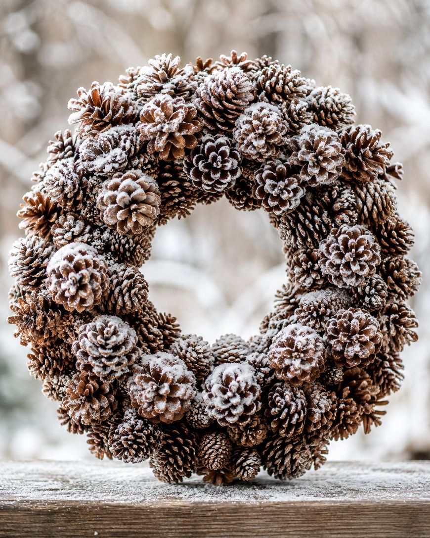 A circular wreath made of pinecones lightly dusted with snow sits on a wooden surface.