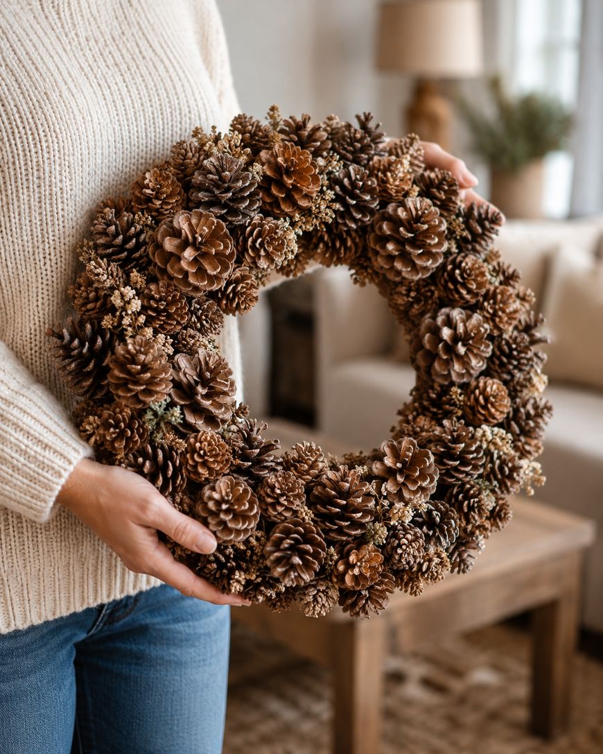A person in a cream sweater holds a circular wreath made of brown pinecones in a cozy living room.