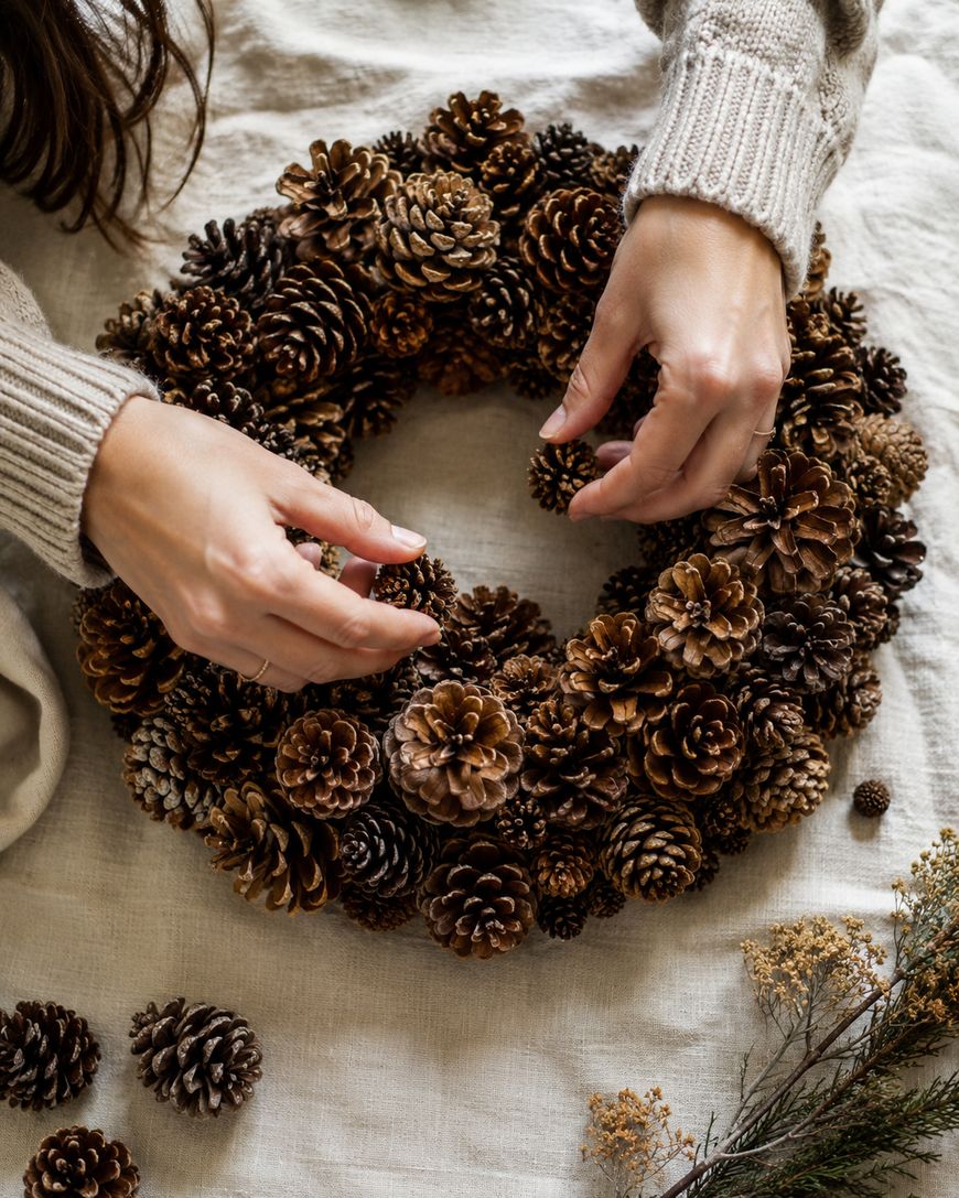 A person in a knit sweater arranges pinecones on a wreath, with extra pinecones and dried flowers nearby.