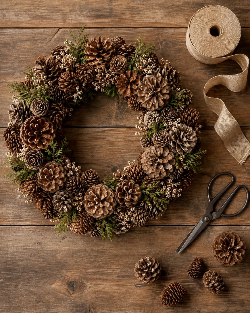 A pinecone wreath with greenery rests on a wooden table next to burlap ribbon, scissors, and loose pinecones.