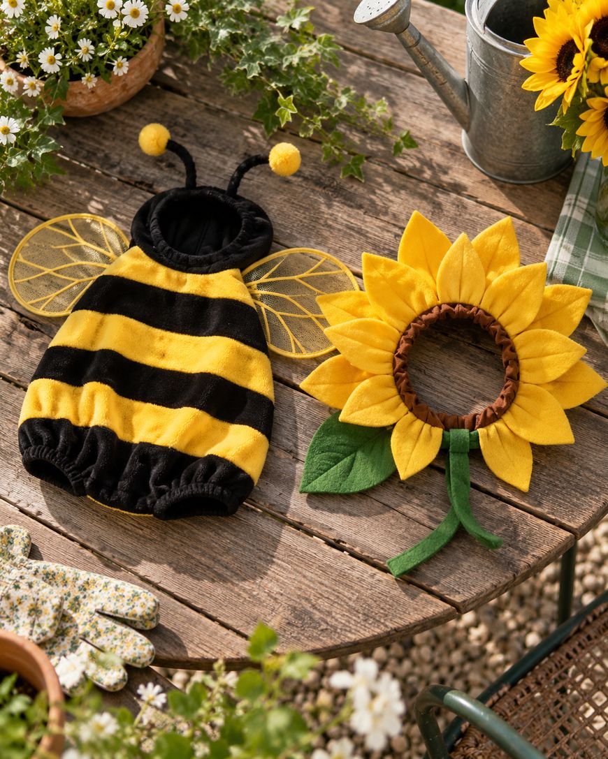 A bee costume and a sunflower headpiece lie on a rustic wooden table surrounded by flowers, gardening gloves, a watering can, and a checkered cloth.