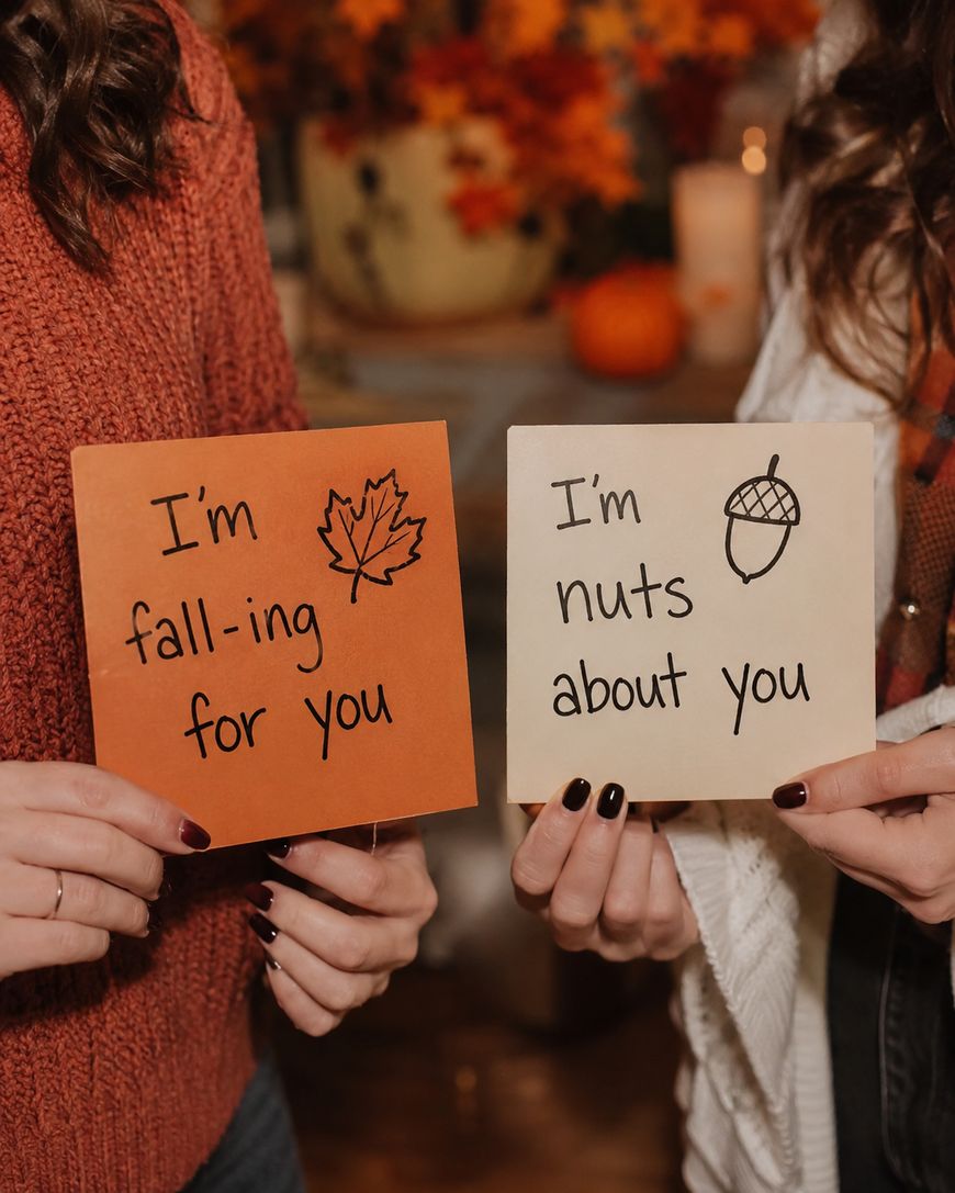 Two people hold autumn-themed cards. One card says Im fall-ing for you with a leaf drawing, and the other says Im nuts about you with an acorn illustration. Fall decor is blurred in the background.