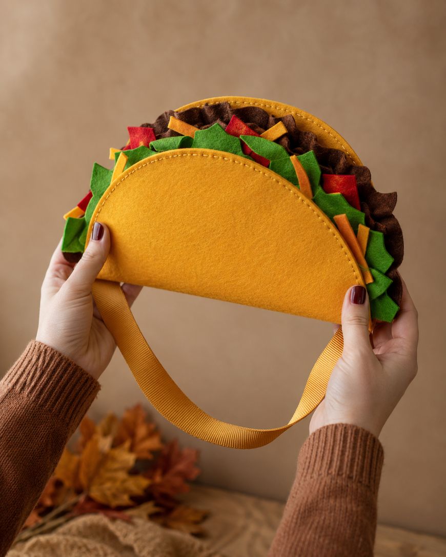 Two hands hold a felt purse shaped like a taco, complete with colorful felt pieces resembling lettuce, tomatoes, and beef. The purse has a yellow strap and a stitched edge, against a brown background with autumn leaves.