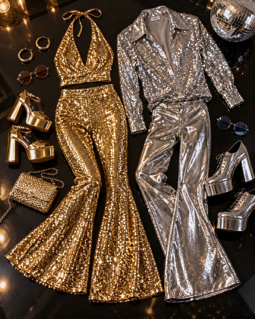 Two disco outfits: one gold halter top with flared pants, matching heels, purse, bracelets, and sunglasses; the other silver shirt with flared pants, matching platform shoes, and sunglasses, all covered in sequins.