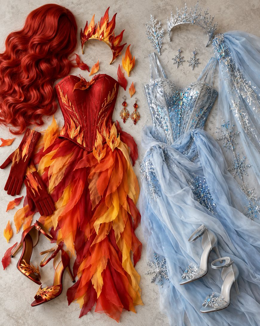 Two fantasy costumes: one fiery red with flames, matching gloves, crown, earrings, shoes, and wavy red wig; the other icy blue with sequins, snowflake crown, earrings, gloves, flowing cape, and sparkling silver shoes.