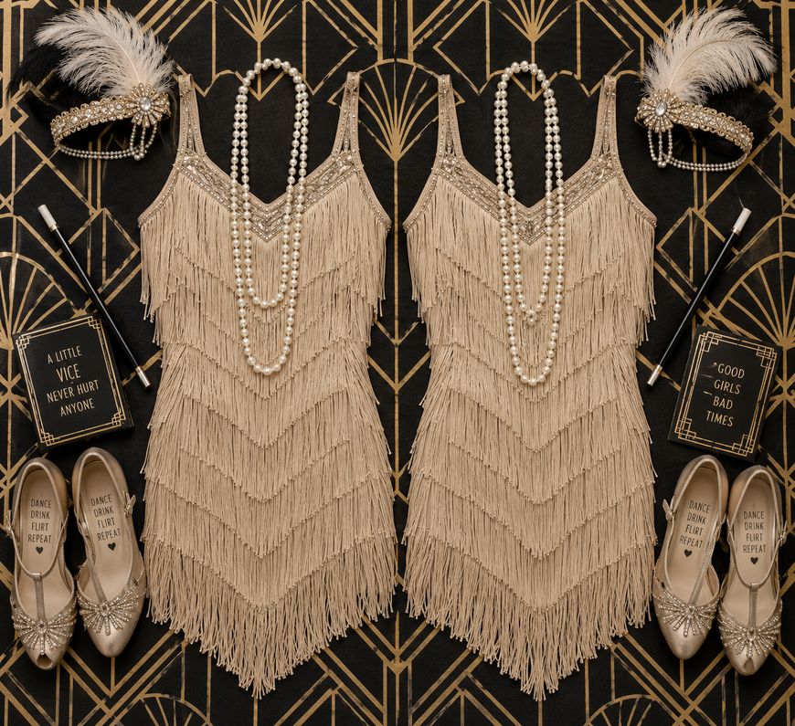 Two flapper dresses with fringe, headbands with feathers, pearl necklaces, heels, cigarette holders, and small books are arranged symmetrically on a gold Art Deco patterned background.