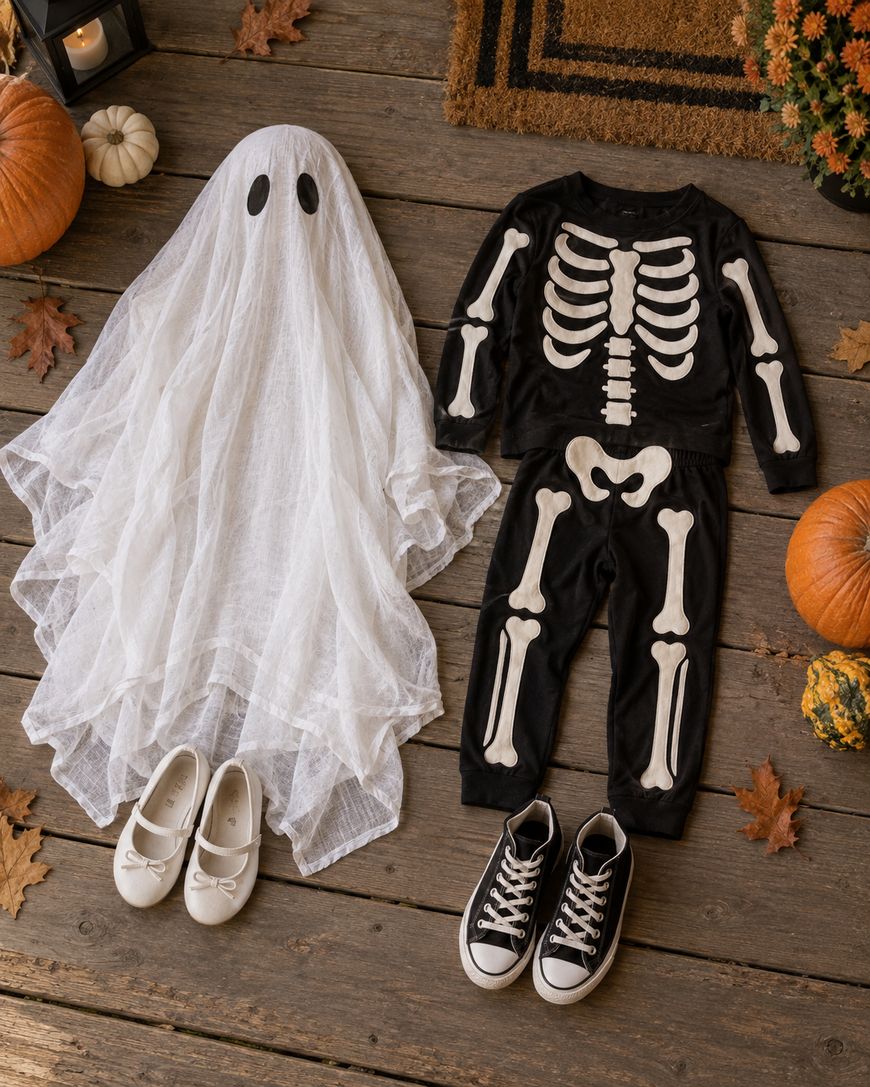 Two kids Halloween costumes laid out: a ghost costume with white shoes, and a skeleton outfit with black sneakers, both on a wooden floor with pumpkins and autumn leaves.