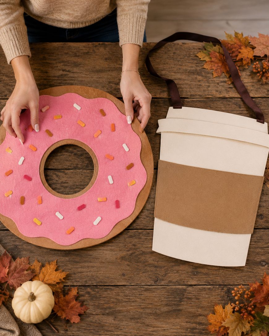 Person arranging felt crafts shaped like a pink frosted donut and a takeaway coffee cup on a wooden table decorated with autumn leaves and a small white pumpkin.