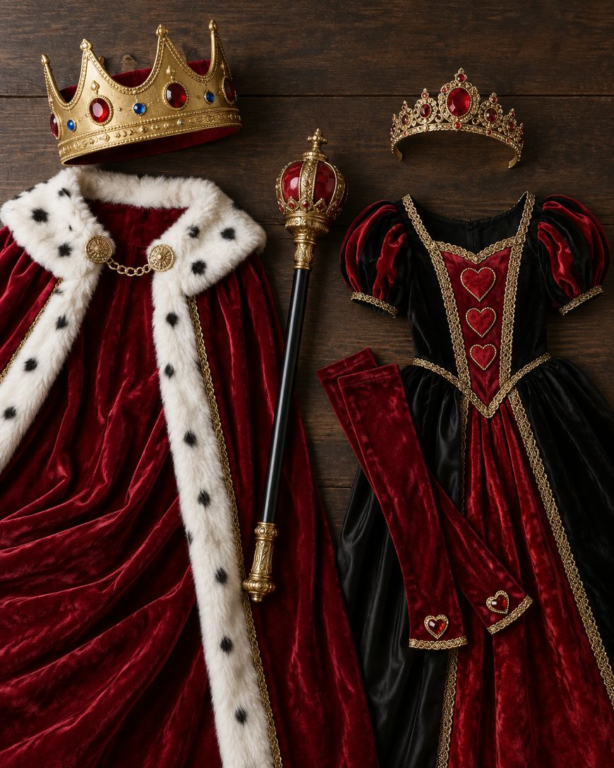 Red and black royal costume set with a gold crown, scepter, red velvet cape with white fur trim, black and red heart-themed dress, matching arm sleeves, and a jeweled tiara, all on a wooden surface.