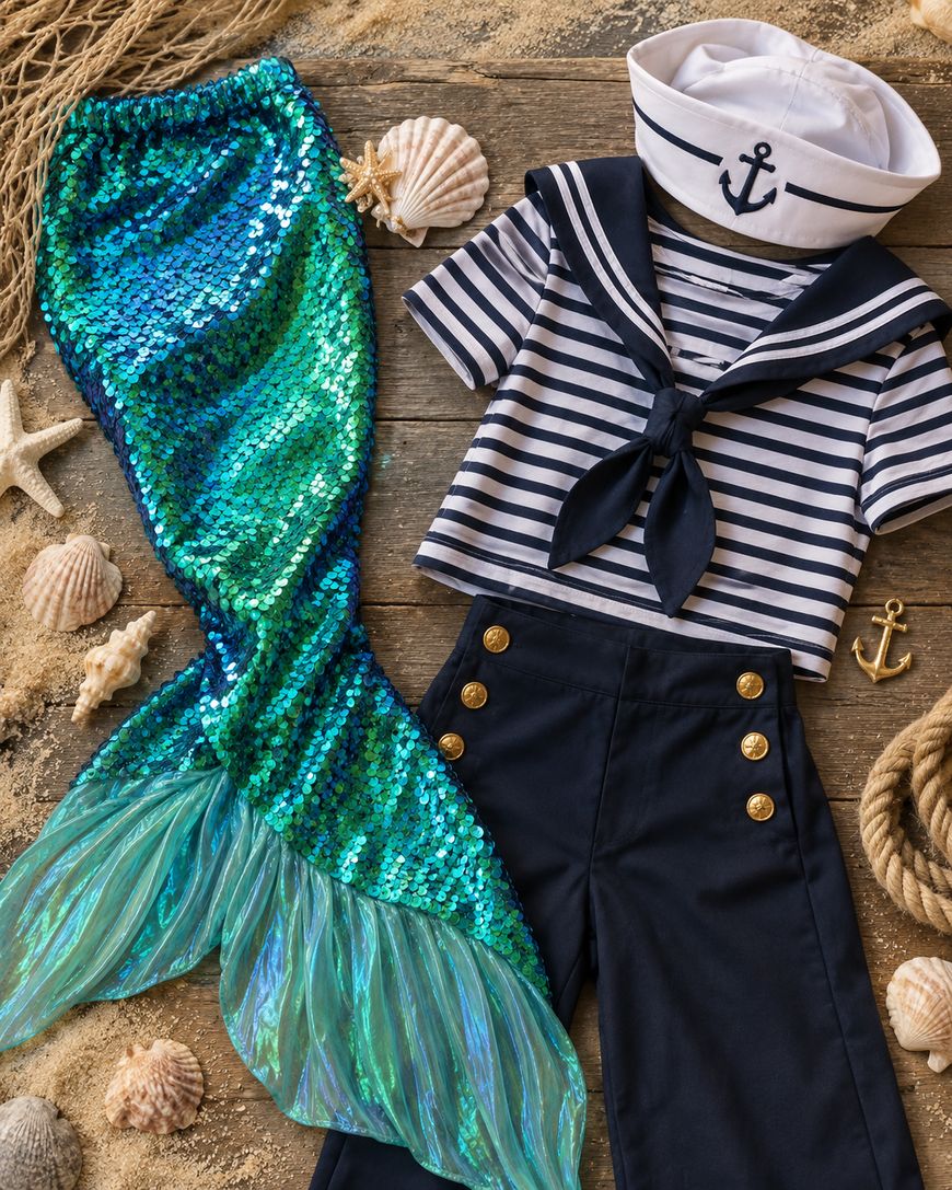 A sailor outfit with striped shirt, navy pants, and hat lies next to a shiny green mermaid tail. Seashells, a starfish, sand, and a small anchor surround the costumes on a wooden surface.