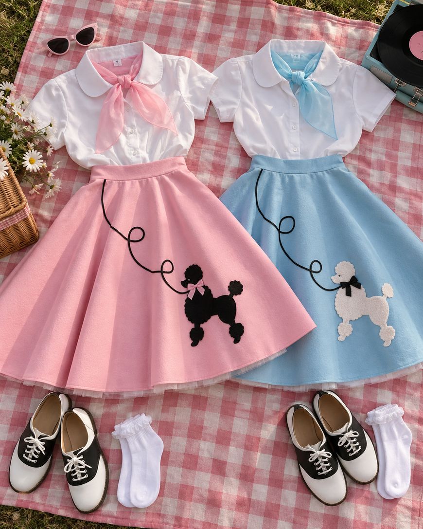 Two 1950s-style outfits on a pink gingham picnic blanket: one pink skirt with a black poodle, one blue skirt with a white poodle, both with white blouses, scarves, saddle shoes, socks, and sunglasses nearby.