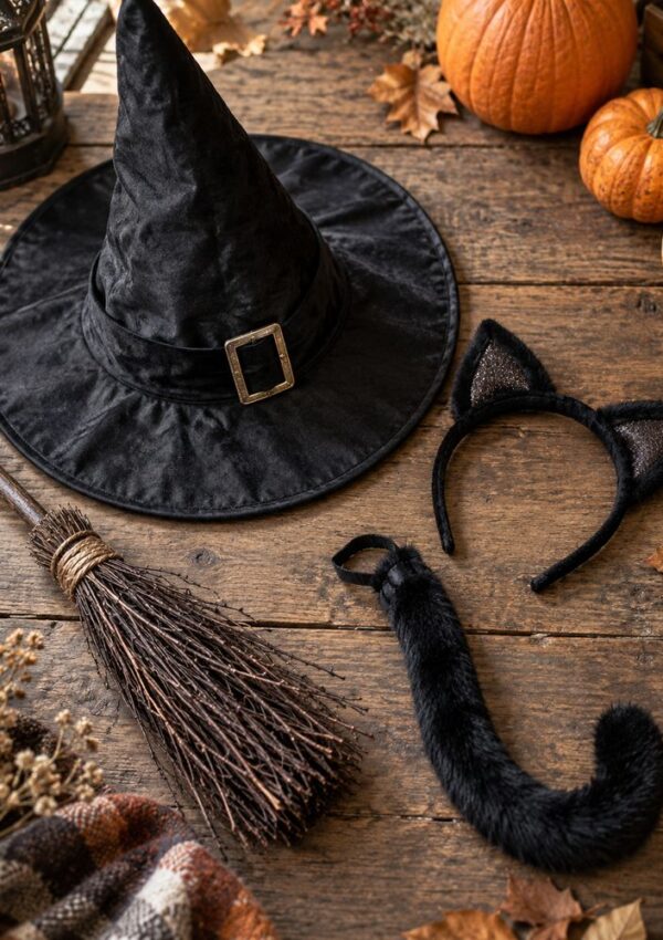 A black witch hat, broomstick, black cat ear headband, and cat tail on a wooden table, surrounded by pumpkins, autumn leaves, and a plaid blanket.