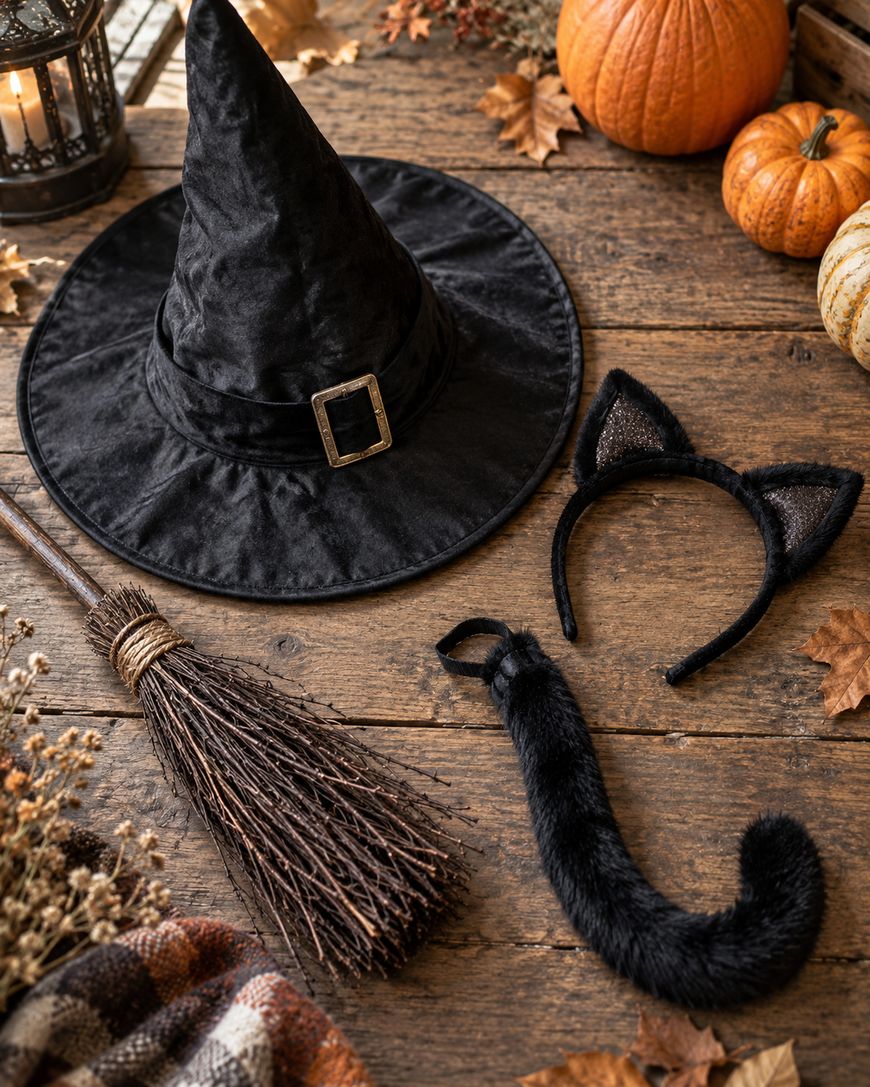 A black witch hat, broomstick, black cat ears headband, and cat tail are arranged on a wooden table with pumpkins, autumn leaves, and a lantern in the background.