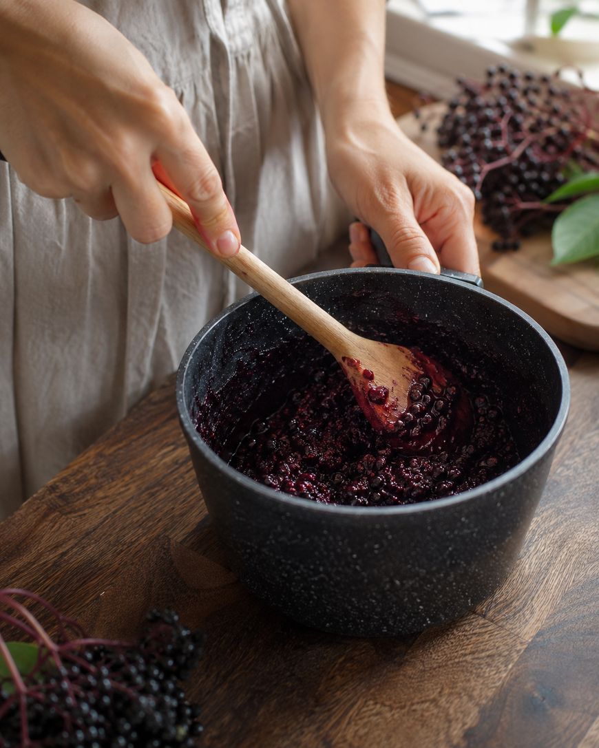 A person stirs a pot of dark purple berry mixture with a wooden spoon on a wooden table.