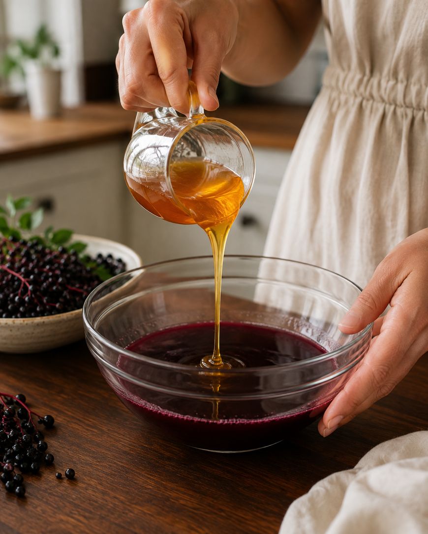 A person pours honey from a small glass pitcher into a bowl of dark liquid on a wooden kitchen counter.