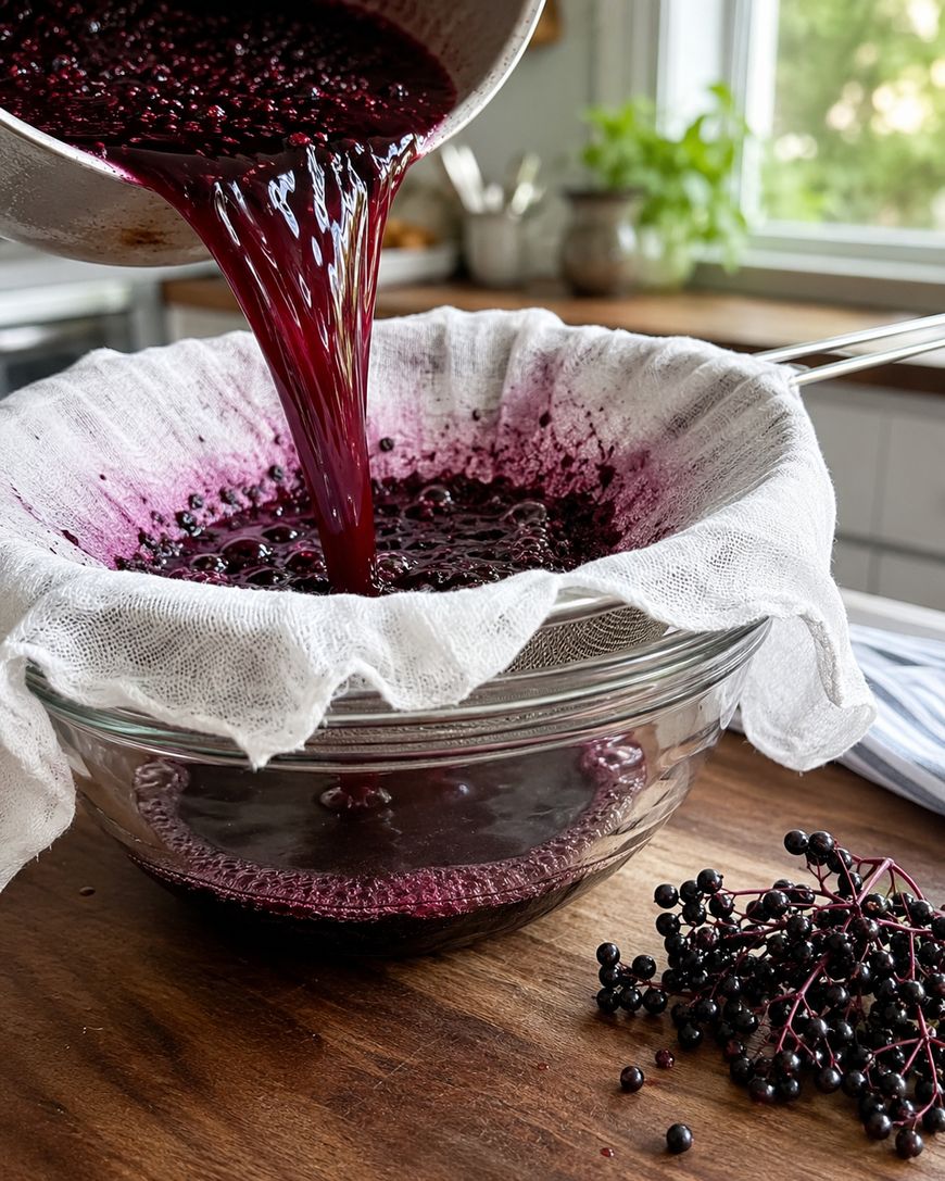 Deep purple elderberry mixture being poured through cheesecloth in a strainer over a glass bowl.