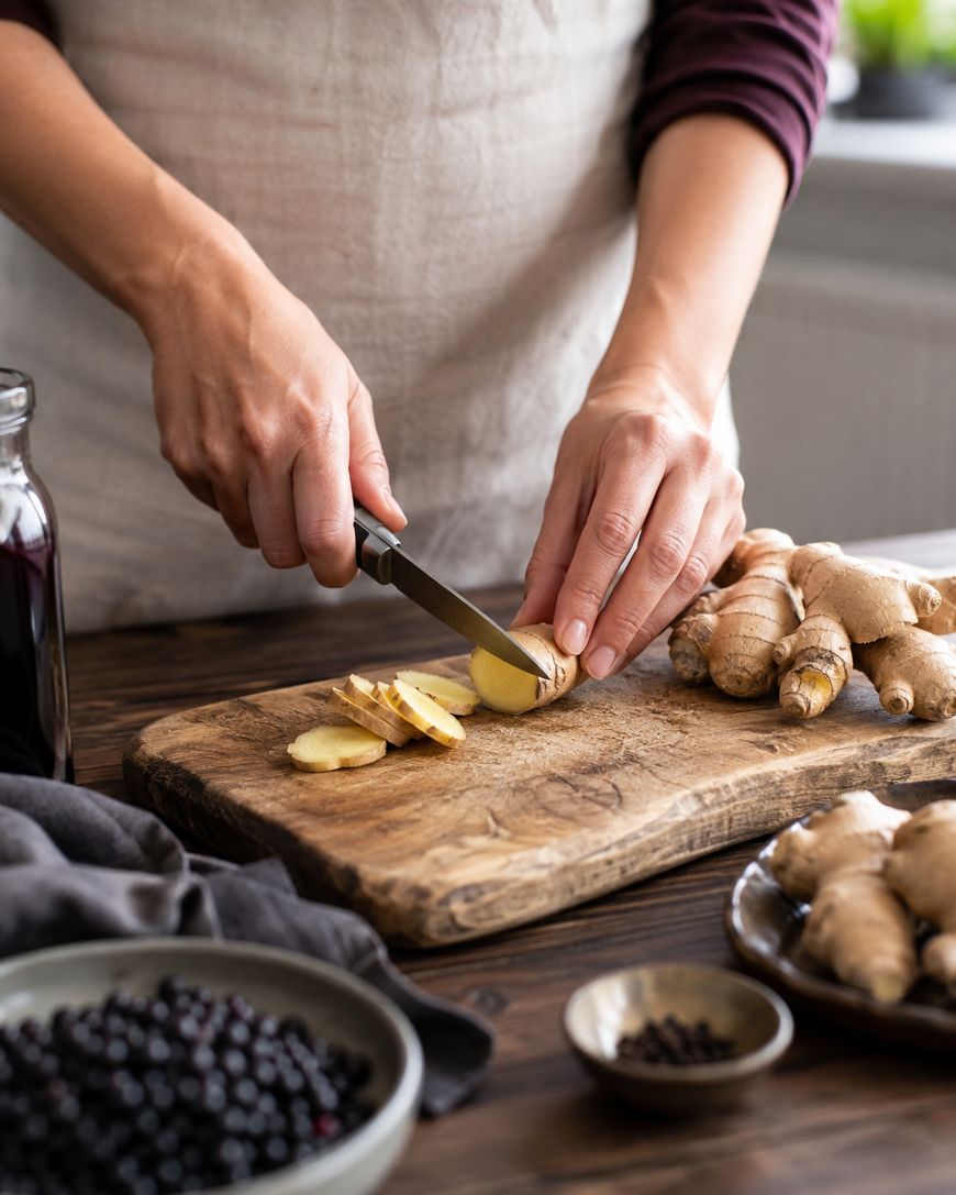 A person slices fresh ginger root on a wooden cutting board. Whole ginger, a bowl of berries, and peppercorns are on the table.