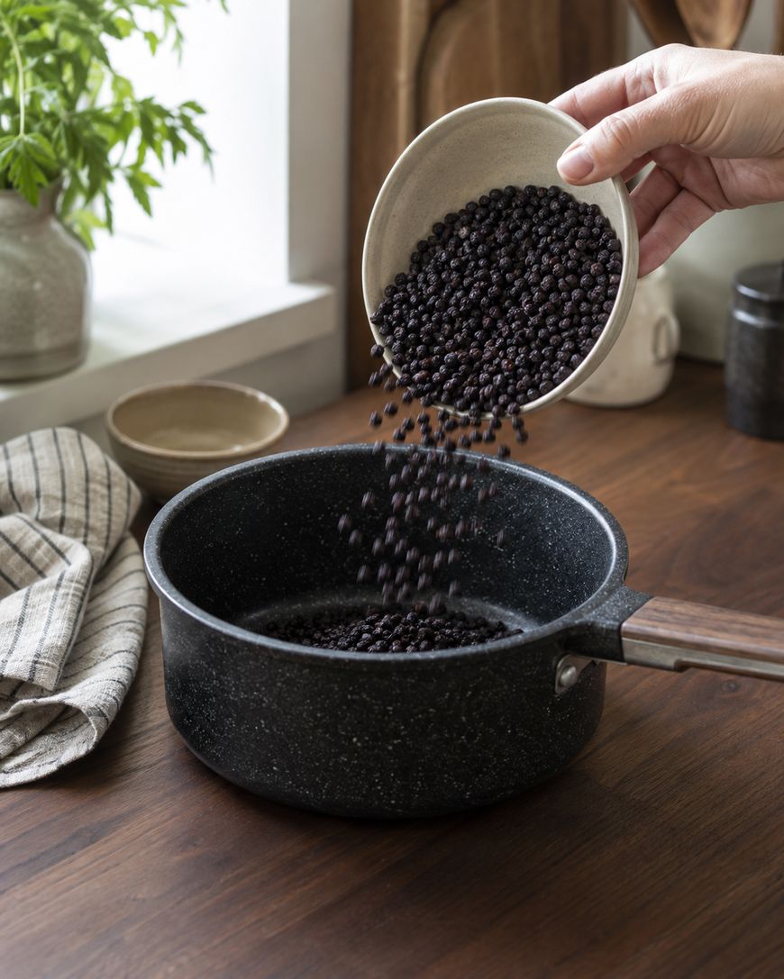 Dried elderberries being poured into a dark saucepan on a wooden kitchen counter.
