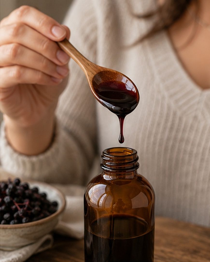 A person holds a wooden spoon with dark syrup dripping into a brown glass bottle.