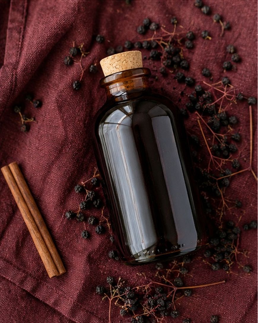 A brown glass bottle with a cork sits on a burgundy cloth, surrounded by dried elderberries and two cinnamon sticks.