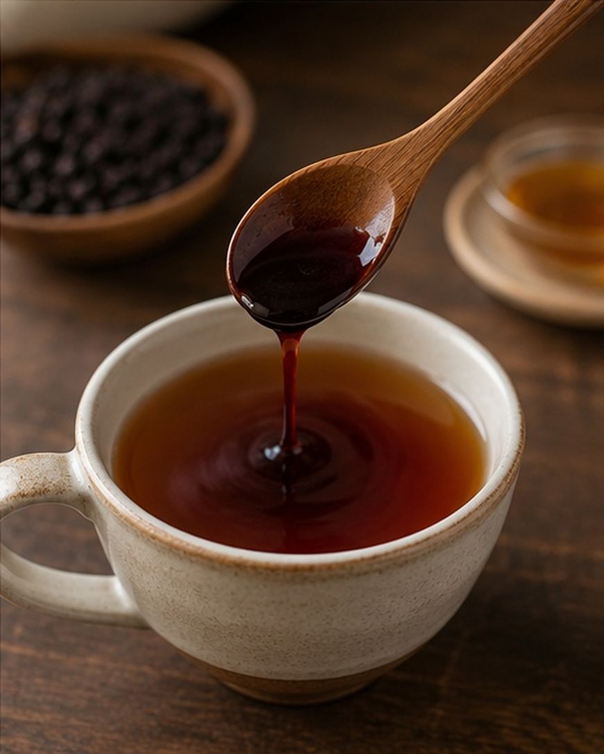 A wooden spoon drizzles dark syrup into a beige ceramic cup filled with tea.