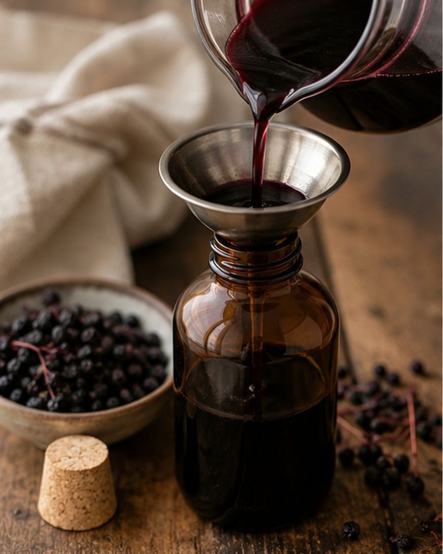 A dark liquid is being poured through a metal funnel into a brown glass bottle.