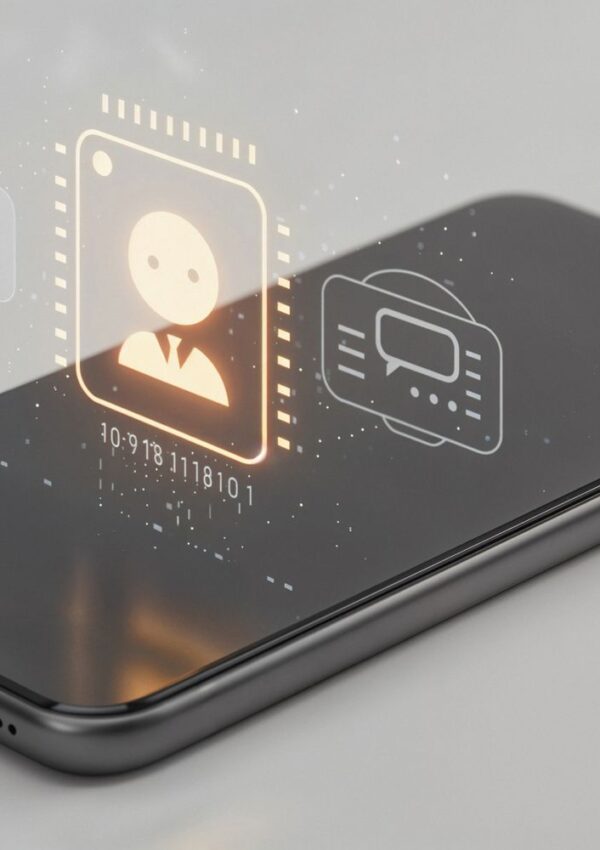 A smartphone displays holographic icons of a user profile, binary code, and a chat box, symbolizing digital identity and communication technology—perfect for staying connected during American travel with an eSIM USA plan.