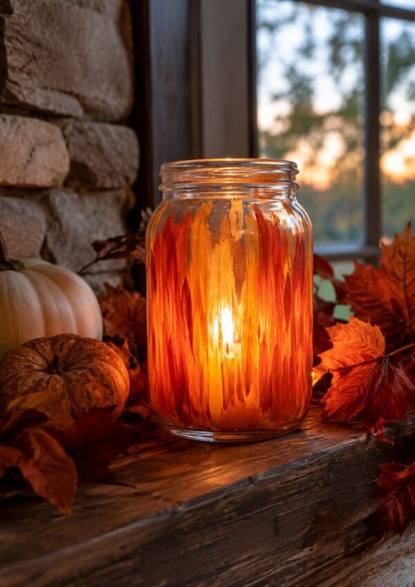 A glowing candle in a painted glass jar sits on a wooden surface with pumpkins and autumn leaves nearby. A window shows a sunset and trees outside.