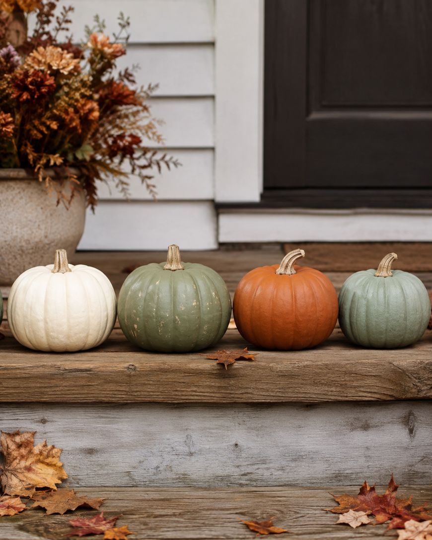 Four pumpkins—white, green, orange, and pale blue—sit on a wooden porch with scattered autumn leaves. In the background, theres a planter with dried fall foliage near a white-paneled house and a dark door.