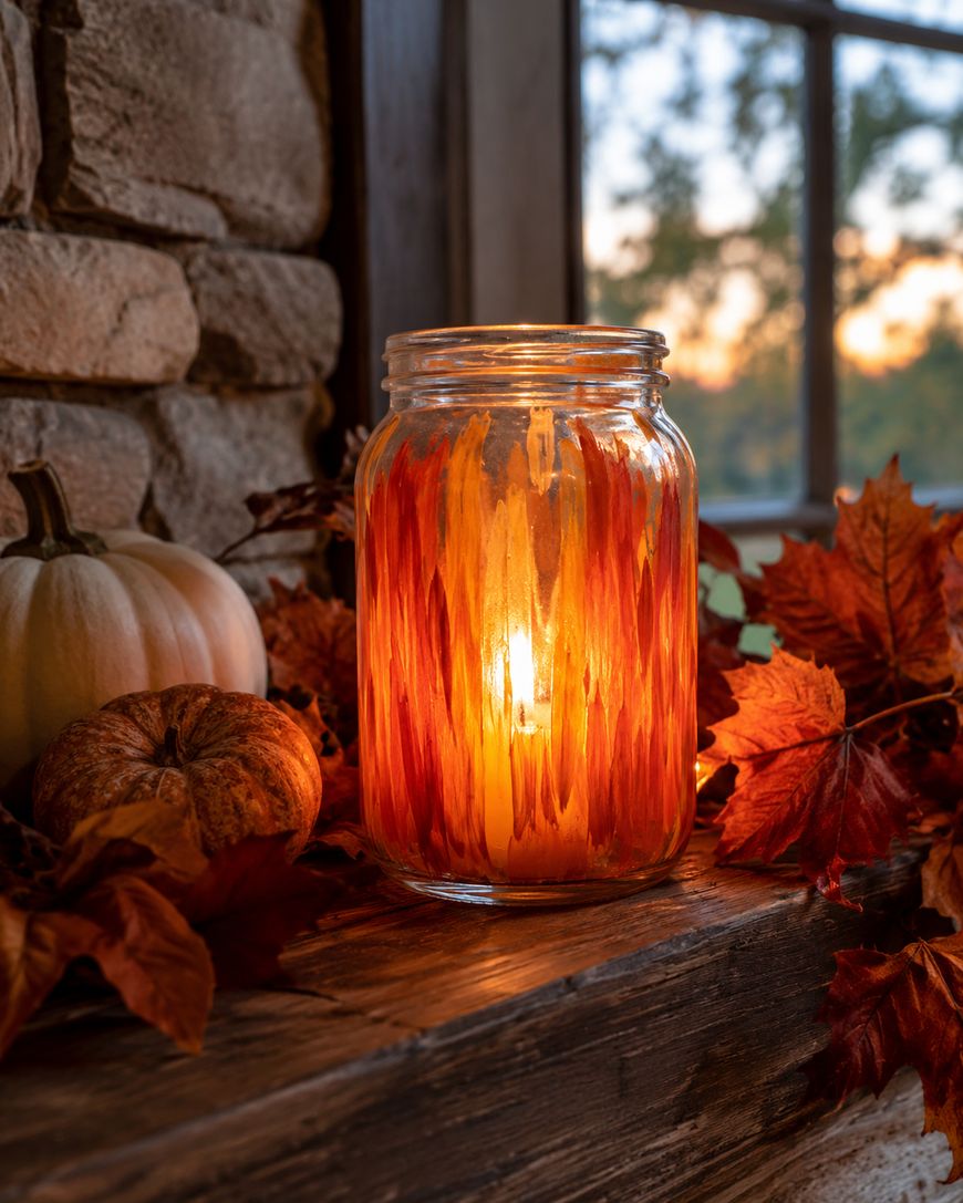 A glowing candle inside a decorated jar sits on a wooden ledge with autumn leaves, two pumpkins, and a stone wall, with a window showing a sunset in the background.