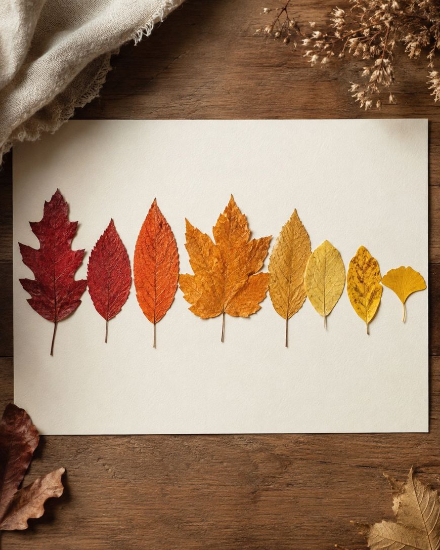 Eight autumn leaves in shades of red, orange, and yellow are arranged in a row on white paper, on a wooden table with dried foliage and fabric in the corners.