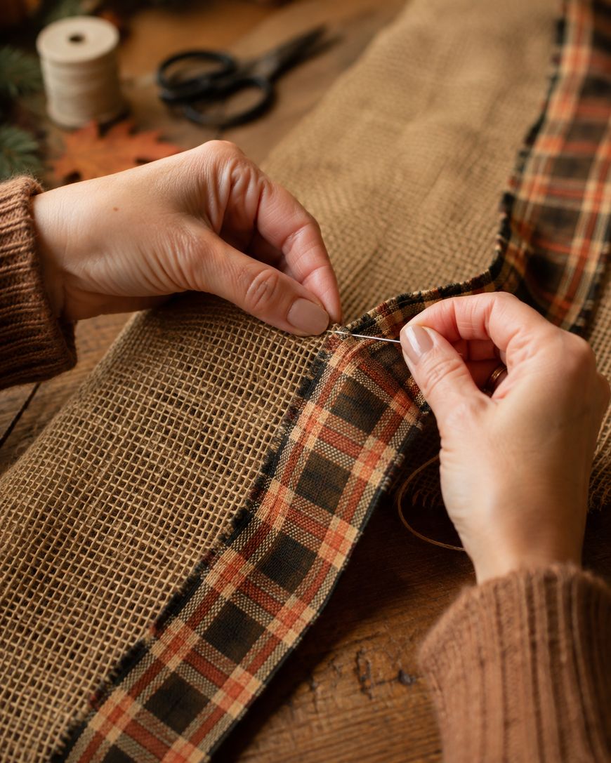 Hands sew a plaid ribbon onto a strip of burlap fabric with a needle and thread. Scissors, spool of twine, and pine branches rest on a rustic wooden table in the background.