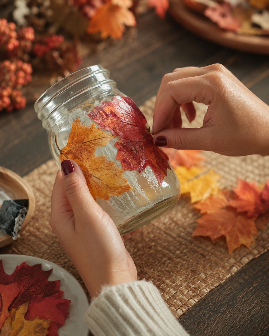 Hands glue colorful autumn leaves onto a glass jar as a fall-themed craft project. Dried leaves and craft materials are visible on the table, creating a cozy, seasonal atmosphere.