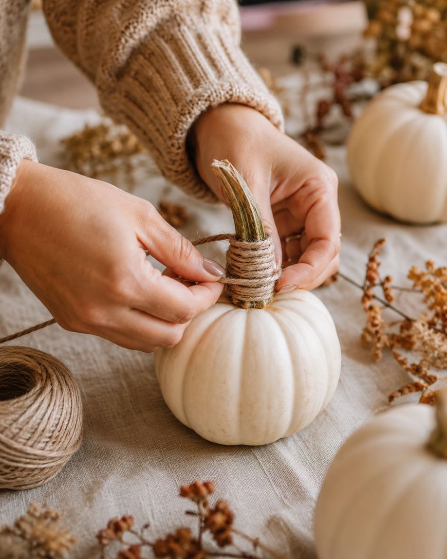 Hands wrapping twine around the stem of a small white pumpkin on a table covered with a beige cloth, surrounded by more pumpkins and dried flowers.