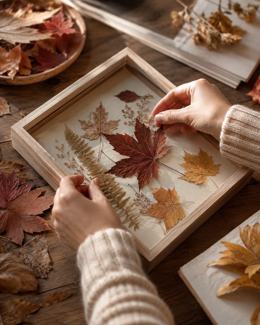 A person arranges dried autumn leaves and ferns in a wooden frame on a wooden table covered with more leaves and paper.