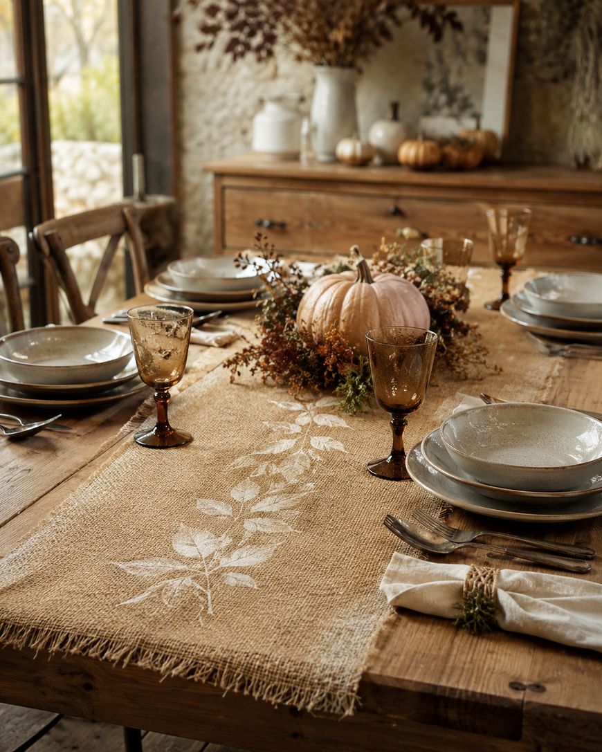 Rustic dining table set for fall, featuring neutral plates, amber glasses, and a burlap runner with a pumpkin and dried floral centerpiece. Warm sunlight streams in through nearby windows.